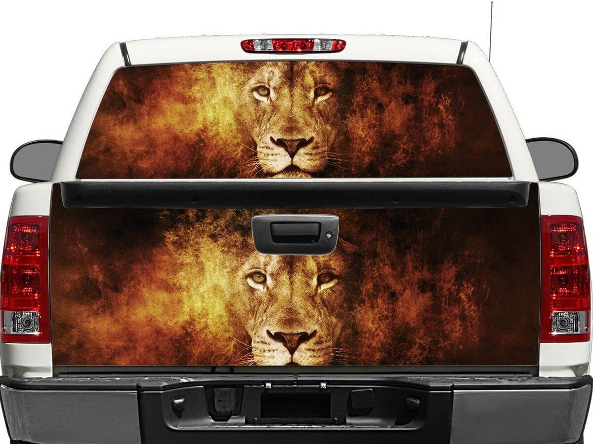 Vinilo adhesivo para ventana trasera o portón trasero con diseño de león y fuego para camionetas y SUV