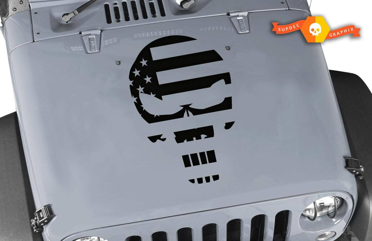 Calcomanía de Vinilo para Capó con Calavera de Castigador y Bandera Americana para Jeep Wrangler