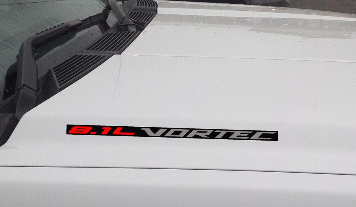 Calcomanía de vinilo para capó Vortec de 8.1L: Chevrolet Silverado GMC Sierra (Bloque) Fondo negro
