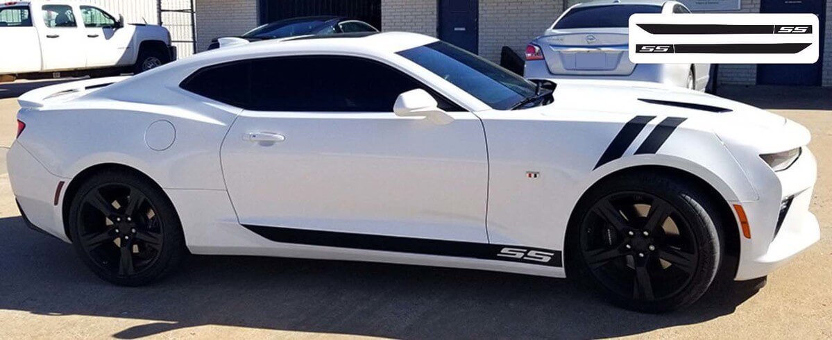 2X Chevrolet Camaro SS Rocker Panel Pegatinas de puerta Calcomanías Gráficos de vinilo a rayas 2016-2018
