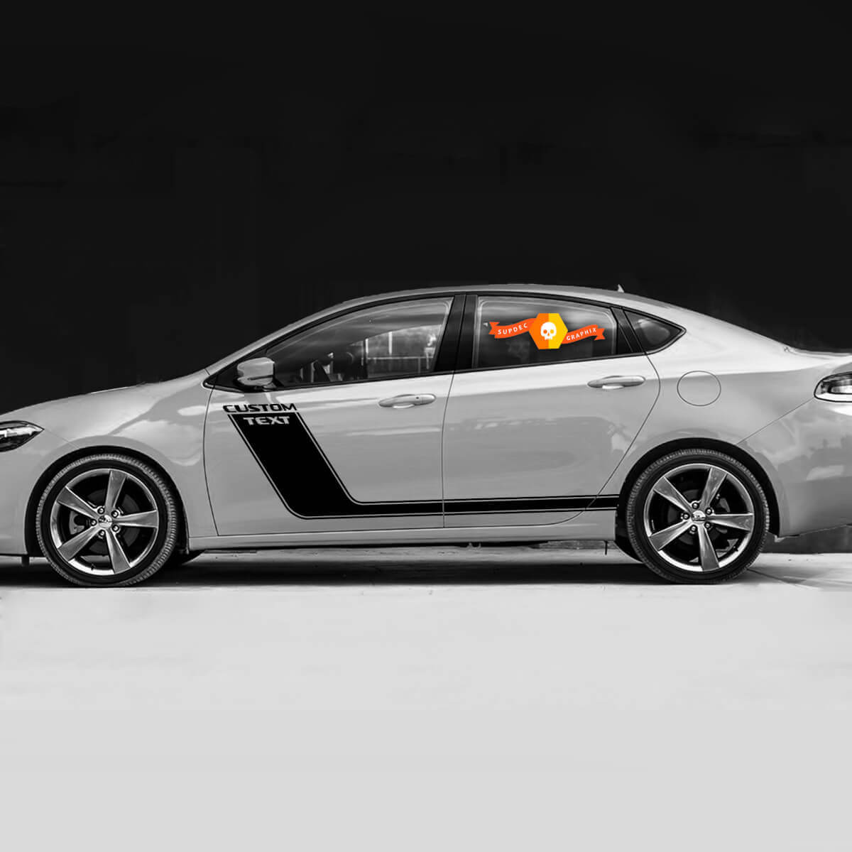 Palabas de rayas deportivas de acento de texto personalizado para Dodge Dart
