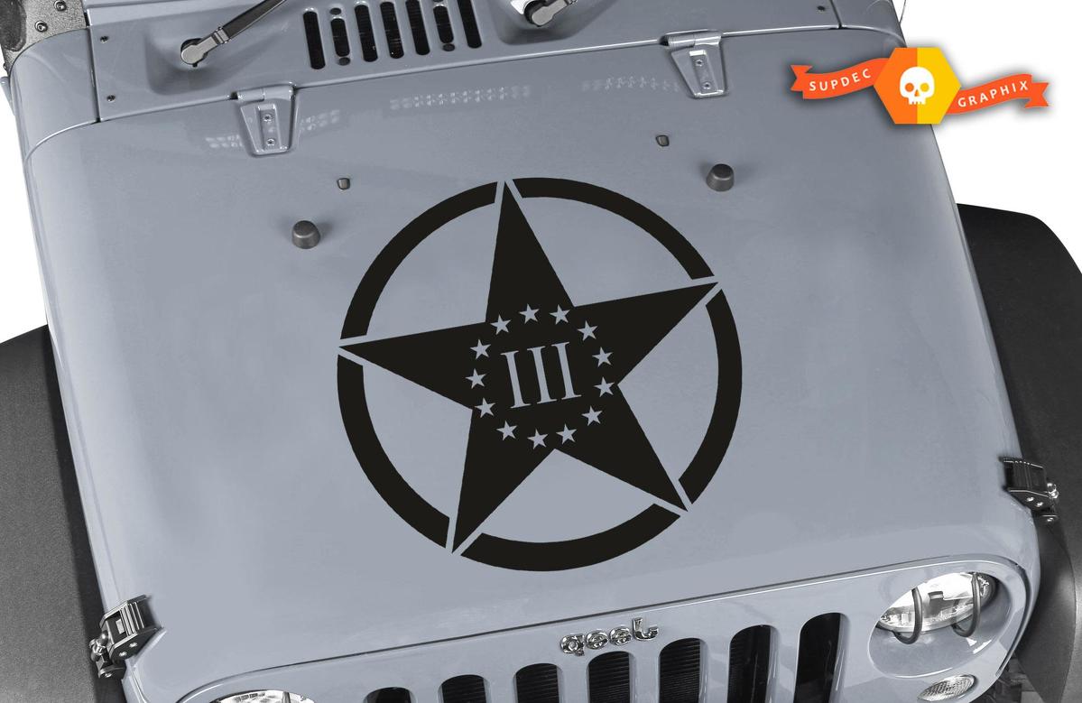Oscar Mike 3 Percenters Star Hood calcomanía de vinilo de 23 pulgadas compatible con: Jeep Wrangler LJ TJ JK
