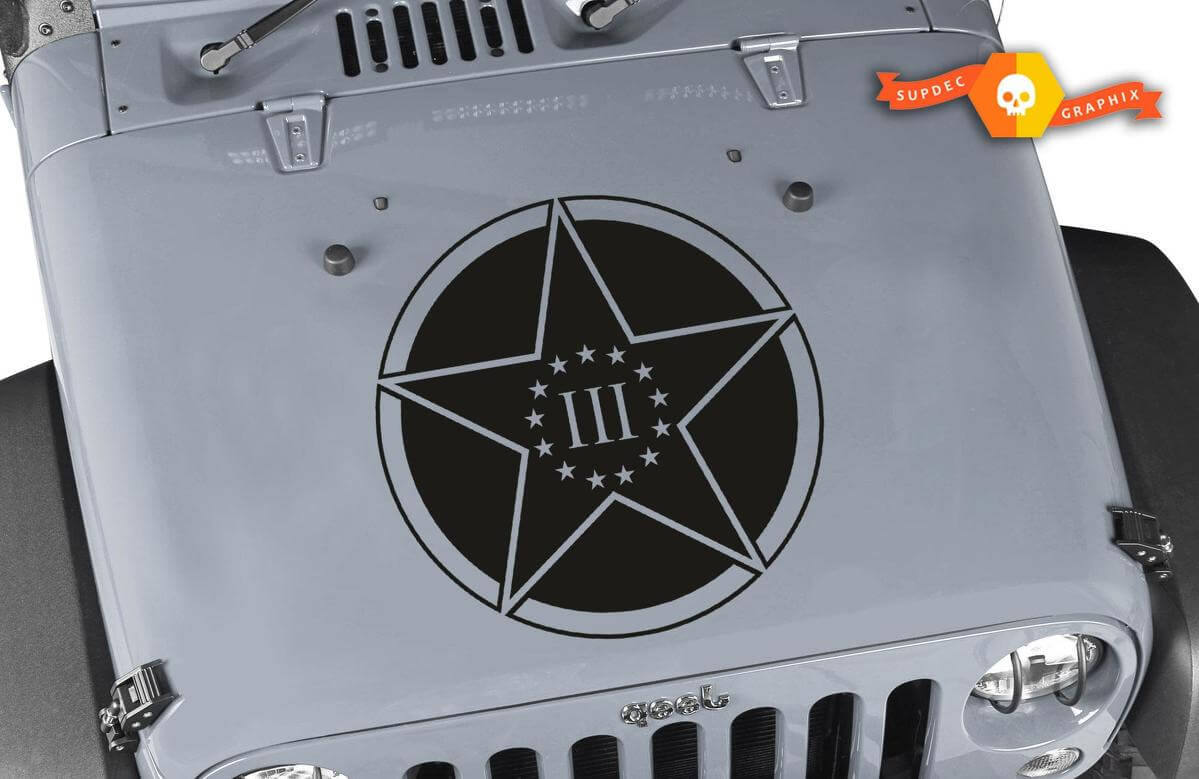 Calcomanía de vinilo para capó Blackout Military Star de 3 Percenters para Jeep Wrangler