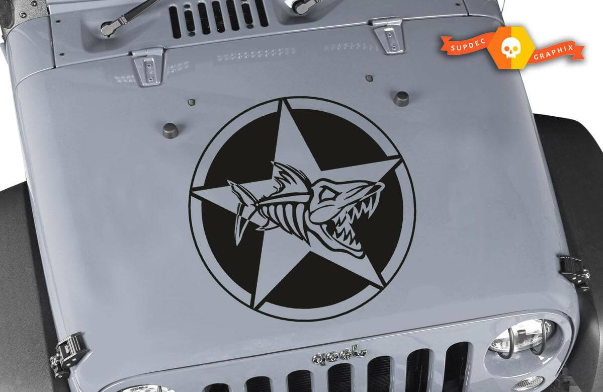 Calcomanía de Capó Oscar Mike Fish Skeleton Military Star para Jeep Wrangler