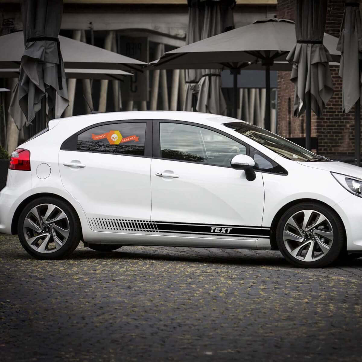 2x gráficos de rayas laterales, calcomanías de vinilo para el cuerpo, pegatinas de carreras, logotipo apto para Kia RIO
