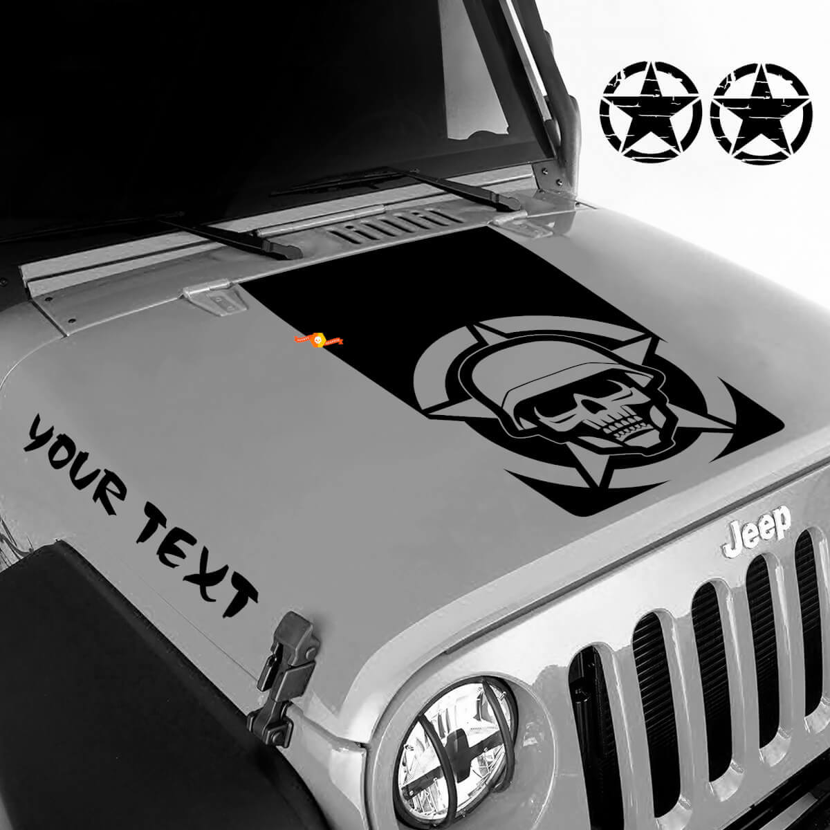Calcomanía de vinilo para capó con calavera militar y letras personalizadas para Jeep Wrangler