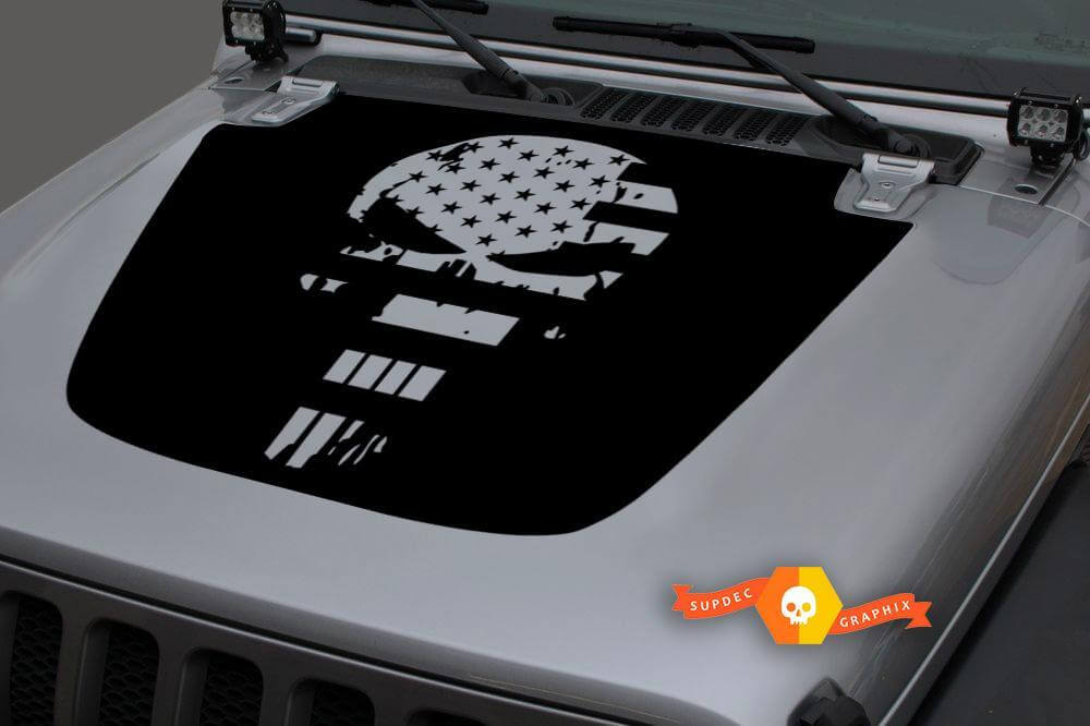 Calcomanía de vinilo para capó con bandera de USA Punisher en negro envejecido para Jeep Wrangler 2018-2019