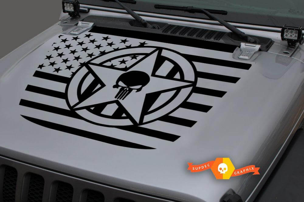 Calcomanía adhesiva de vinilo con estrella militar y bandera de EE. UU. estilo Punisher en negro para capó 2 para Jeep Wrangler JL