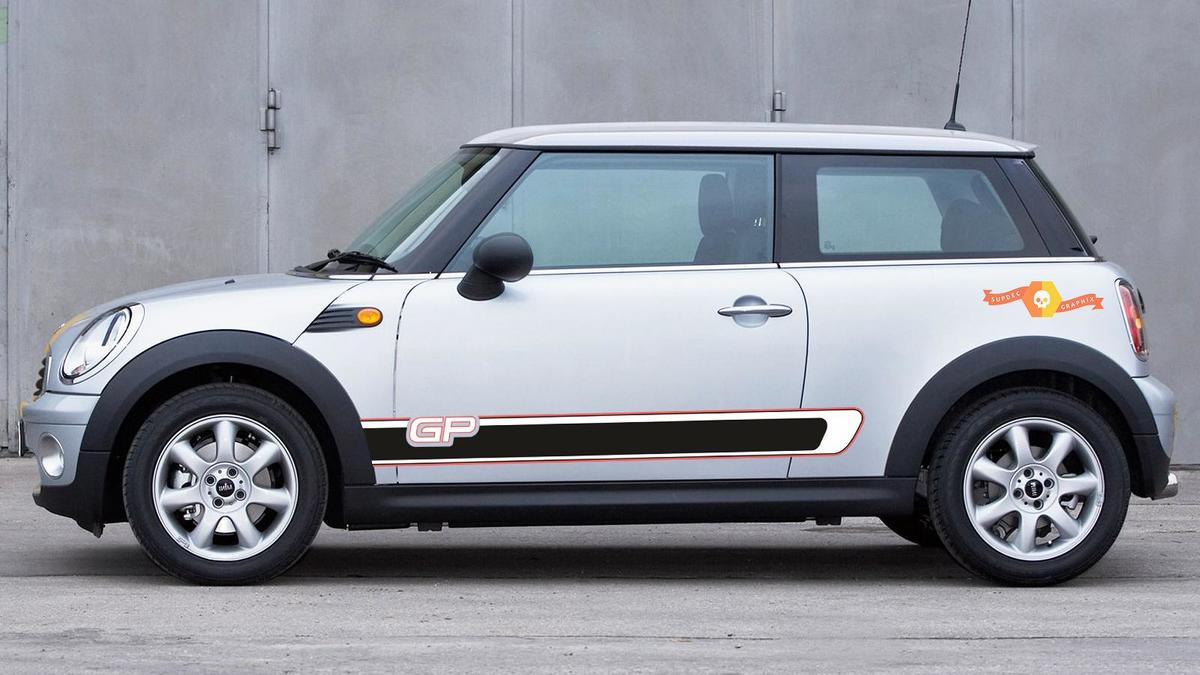 2 Mini Cooper R56 GP gráficos de rayas laterales Pegatina Calcomanía rayas basculantes
