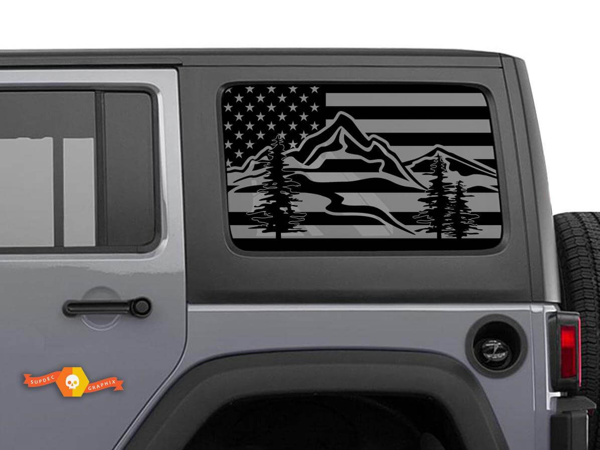 Calcomanía de vinilo para parabrisas de montañas con bandera de EE. UU. para Jeep Toyota Dodge