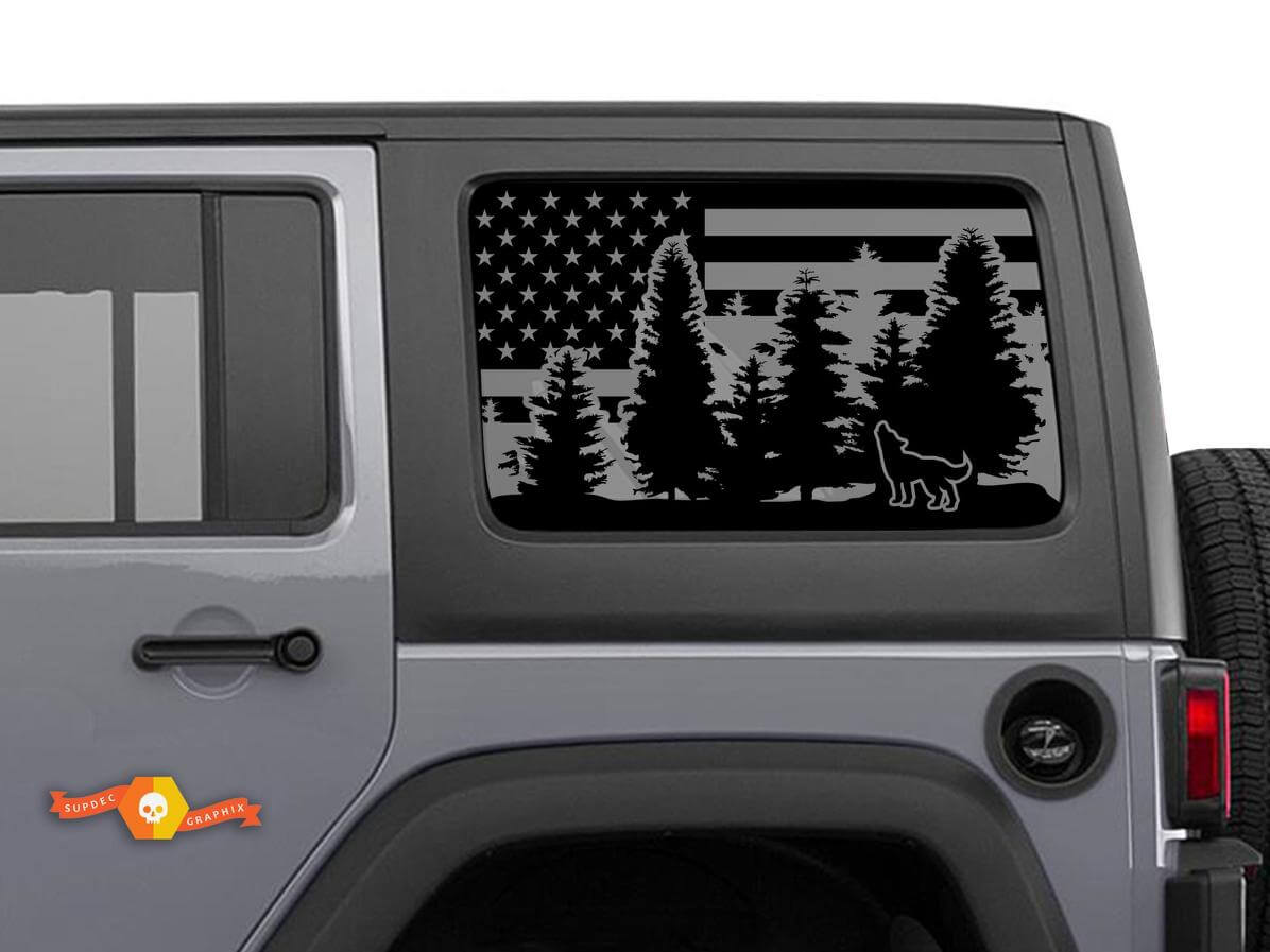 Kit de vinilos para ventana lateral con diseño de lobo en bosque y bandera de EEUU para techo rígido de Jeep Wrangler