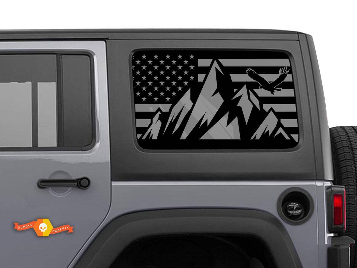 Kit de vinilo para ventana trasera lateral con montañas y bandera de EE. UU. para Jeep Wrangler Hardtop
