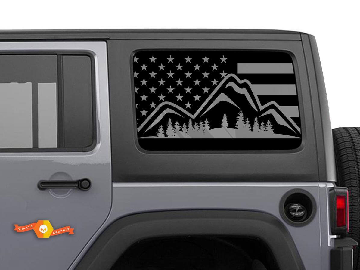 Par de vinilos adhesivos para ventana lateral con diseño de bandera de EE. UU. y montaña forestal para Jeep Wrangler Hardtop