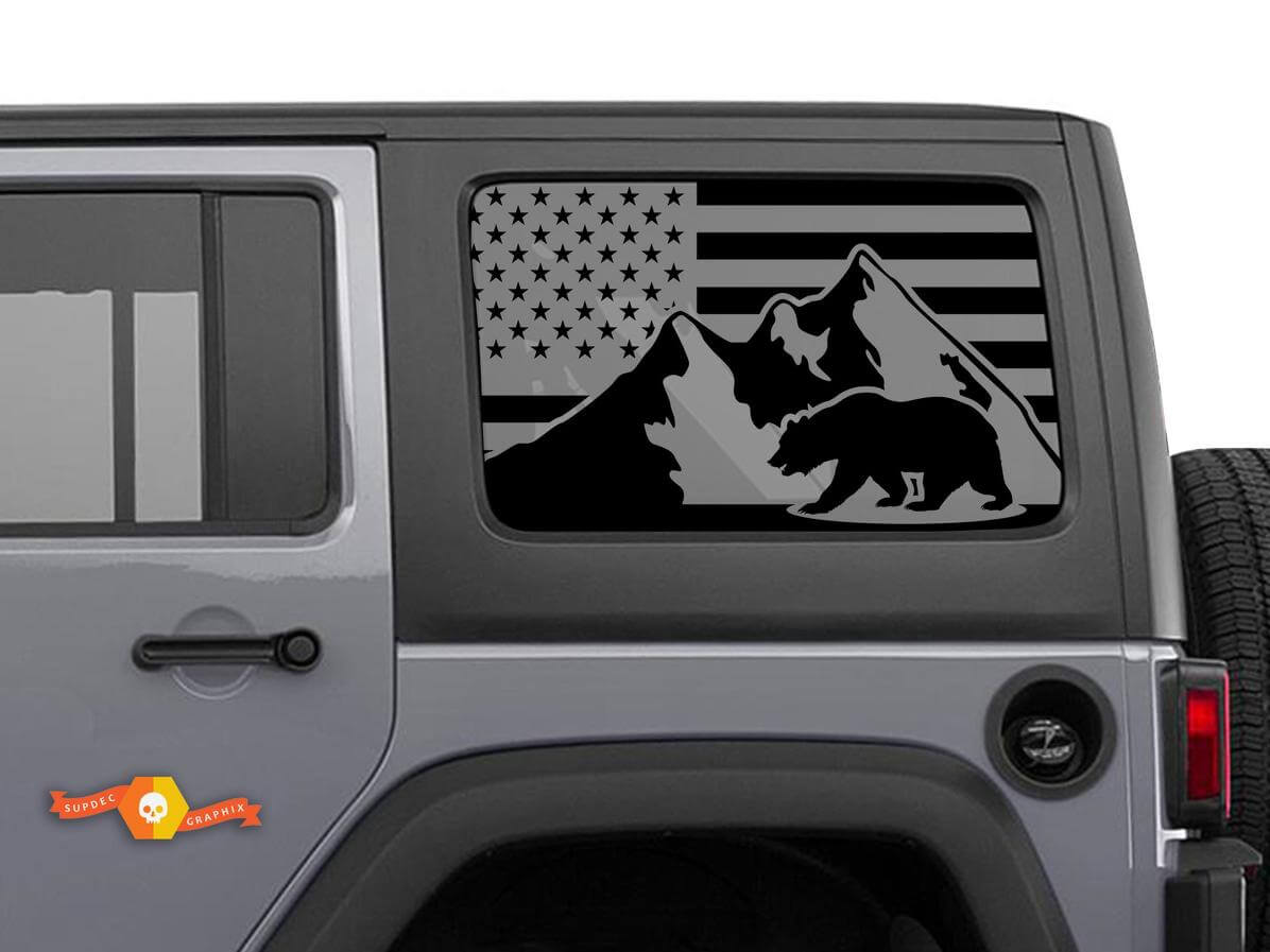 Par de vinilos para ventana lateral Bear Mountains con bandera de EE. UU. para Jeep Wrangler Hardtop