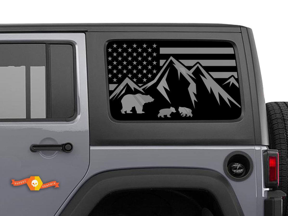 Pegatinas de ventana lateral con oso de montaña y bandera de EE.UU. para Jeep Wrangler Hardtop