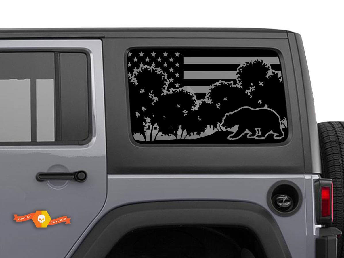 Par de vinilos adhesivos para ventana lateral Bear con bandera de EE. UU. para Jeep Wrangler Hardtop