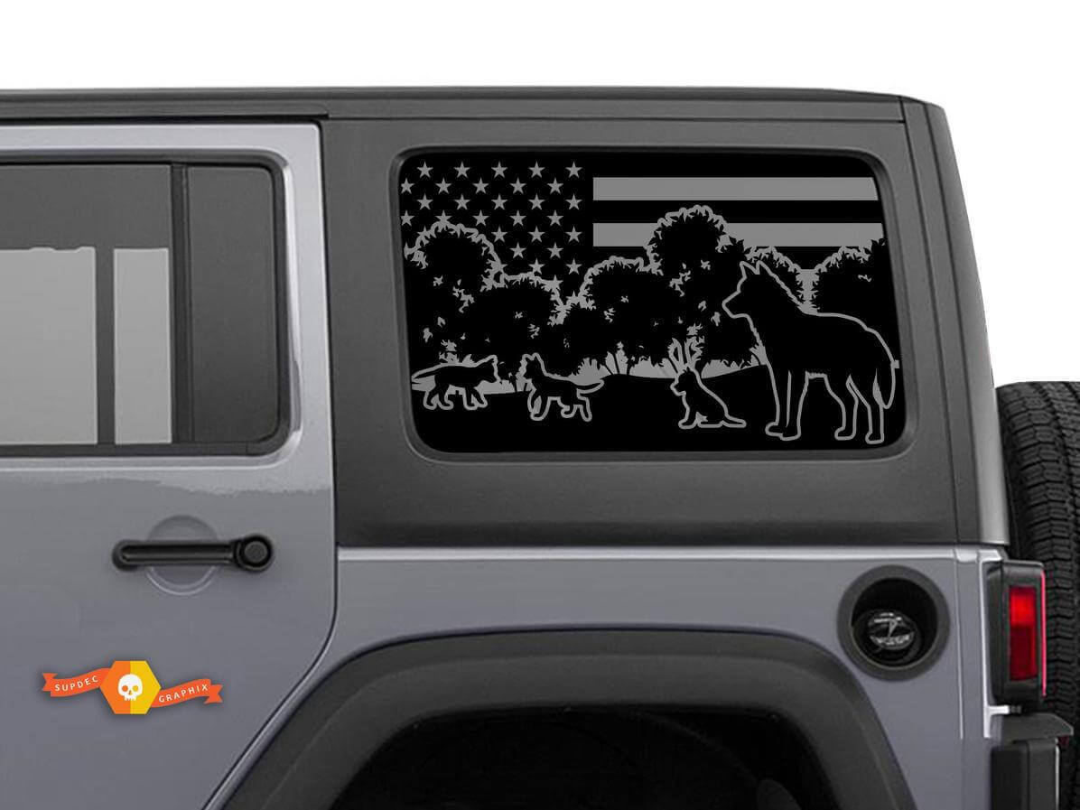 Kit de vinilos para ventana lateral con diseño de familia de lobos y bandera de EE.UU. para Jeep Wrangler Hardtop