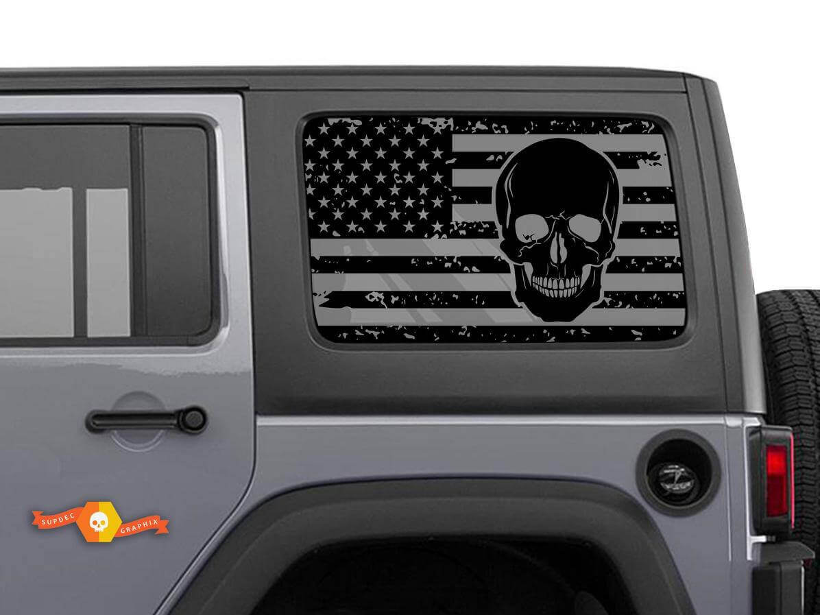Par de calcomanías de vinilo para ventana lateral con calavera y bandera distressed de EE. UU. para Jeep Wrangler Hardtop