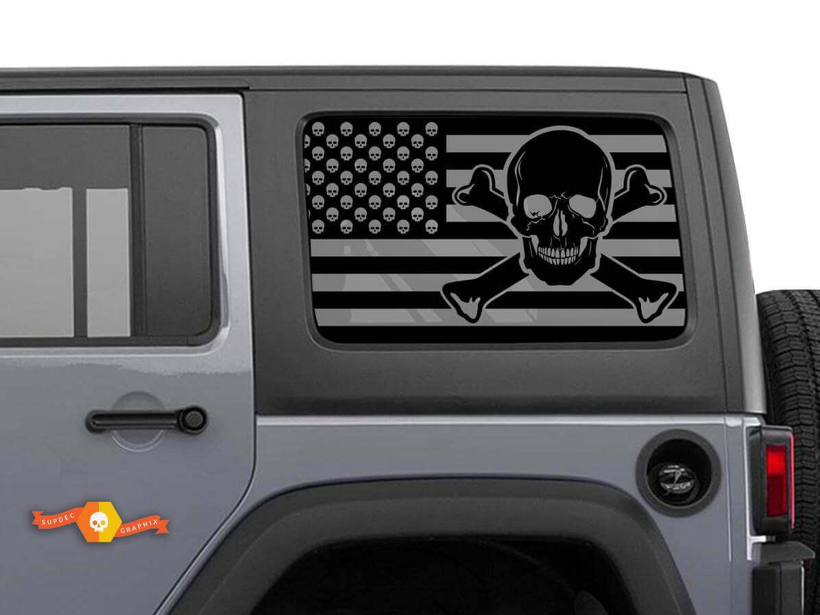 Juego de calcomanías de vinilo para ventana lateral con calavera y bandera de EE.UU. para Jeep Wrangler Hardtop