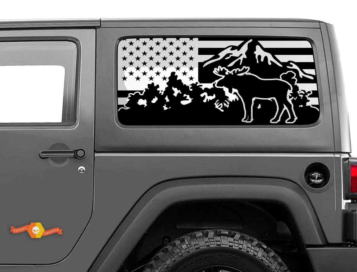 Calcomanía de montaña de alces con bandera de EE. UU. para ventana trasera de techo rígido de Jeep Wrangler
