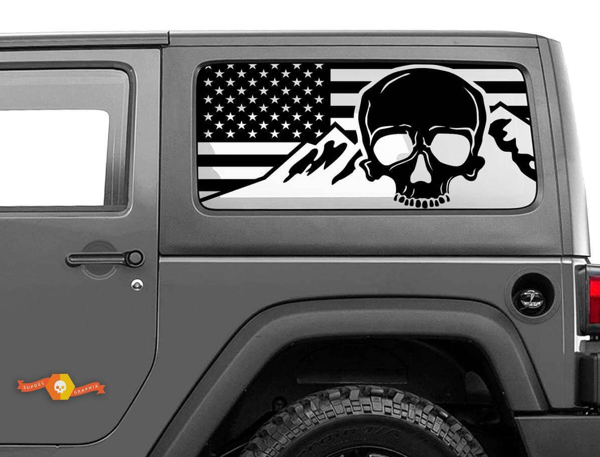 Kit de vinilo para ventana lateral trasera con calavera de bandera USA y montañas para Jeep Wrangler