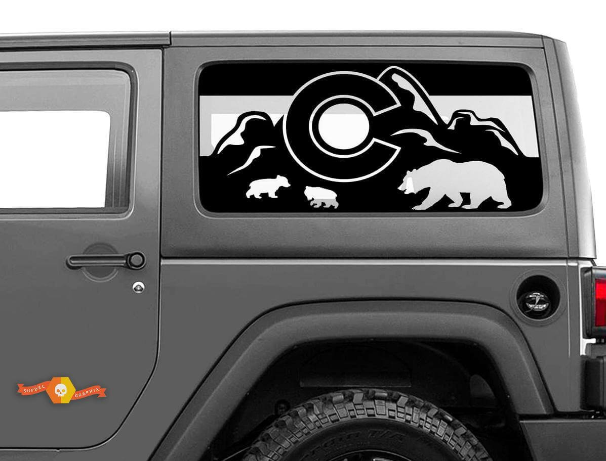 Calcomanía de parabrisas con la bandera de Colorado, oso, montañas para Jeep Wrangler Rubicon Hardtop
