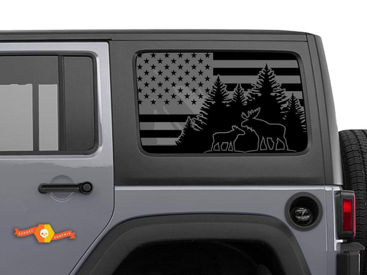 Par de vinilos adhesivos para ventana trasera lateral con bandera de EE.UU. y alce para techo rígido de Jeep Wrangler