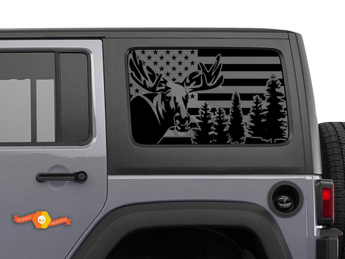 Pegatina adhesiva para parabrisas con bandera de EE. UU. y alce del bosque para Jeep Wrangler Rubicon Hardtop JKU JLU 2007-2019 o Tacoma 4Runner Tundra Charger Challenger