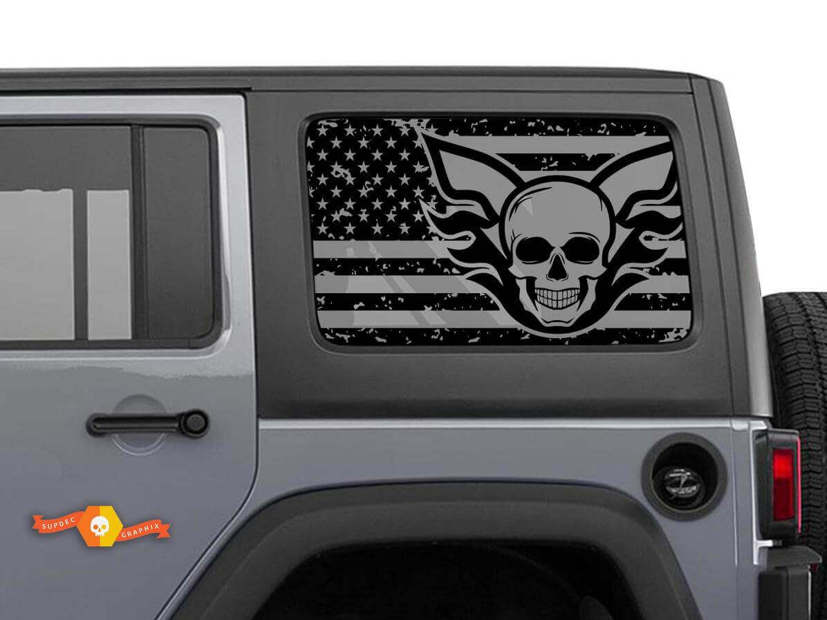 Calcomanía de vinilo de calavera con bandera de EE. UU. para ventana lateral, juego para Jeep Wrangler Hardtop