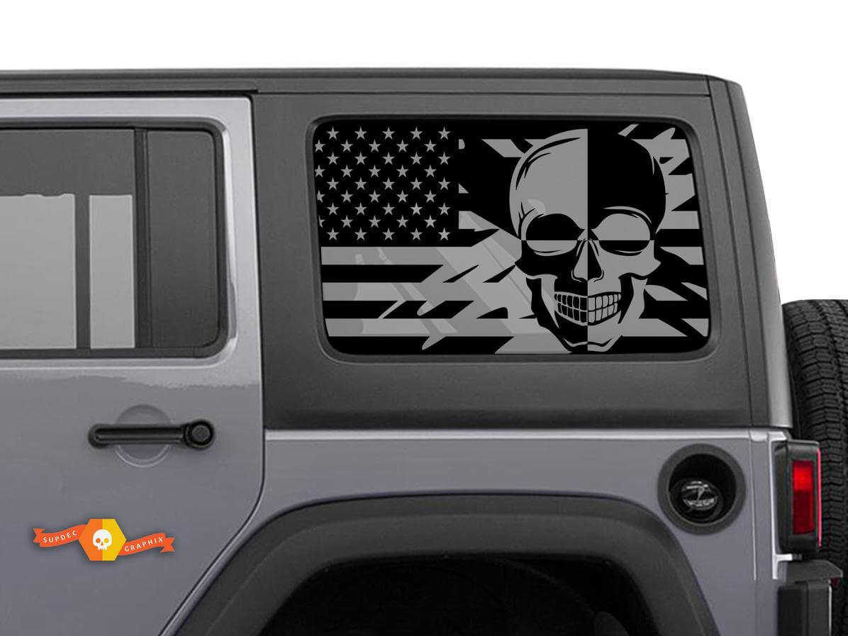 Calcomanía par de calaveras con bandera de EE. UU. para ventana trasera lateral de Jeep Wrangler Hardtop