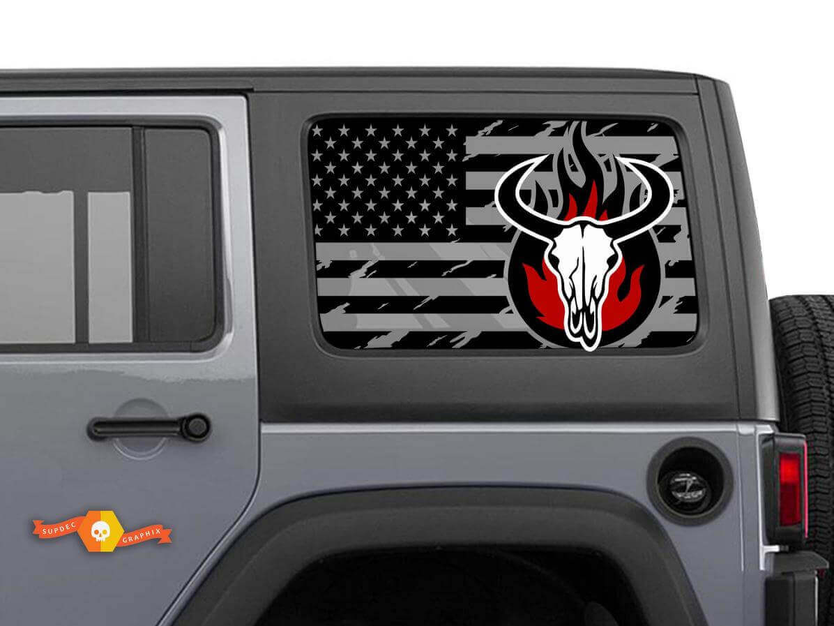 Par de calcomanías de vinilo para ventana lateral con calavera de toro y bandera de EE. UU. desgastada para techo rígido de Jeep Wrangler