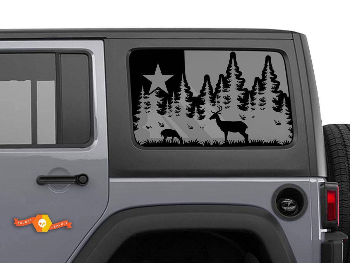 Calcomanía con bandera de Texas de ciervos y bosques para diseño de ventana trasera de Jeep Wrangler
