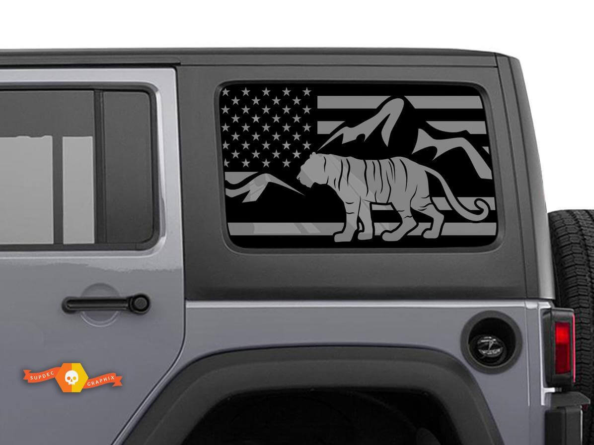 Kit de vinilo adhesivo para ventana trasera lateral con diseño de tigre y bandera de EE.UU. para Jeep Wrangler Hardtop
