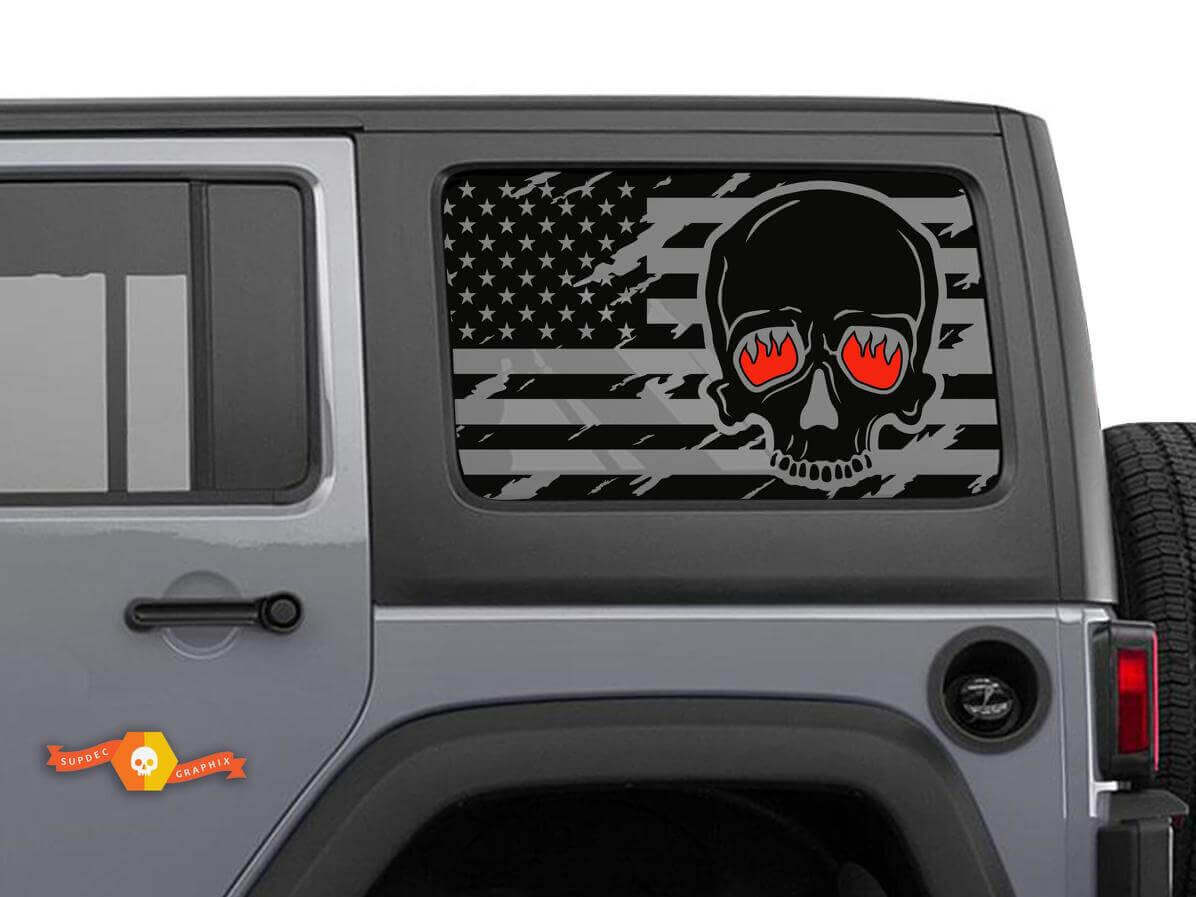 Calcomanías de vinilo para ventana lateral con calavera y bandera USA con ojos ardientes para Jeep Wrangler Hardtop