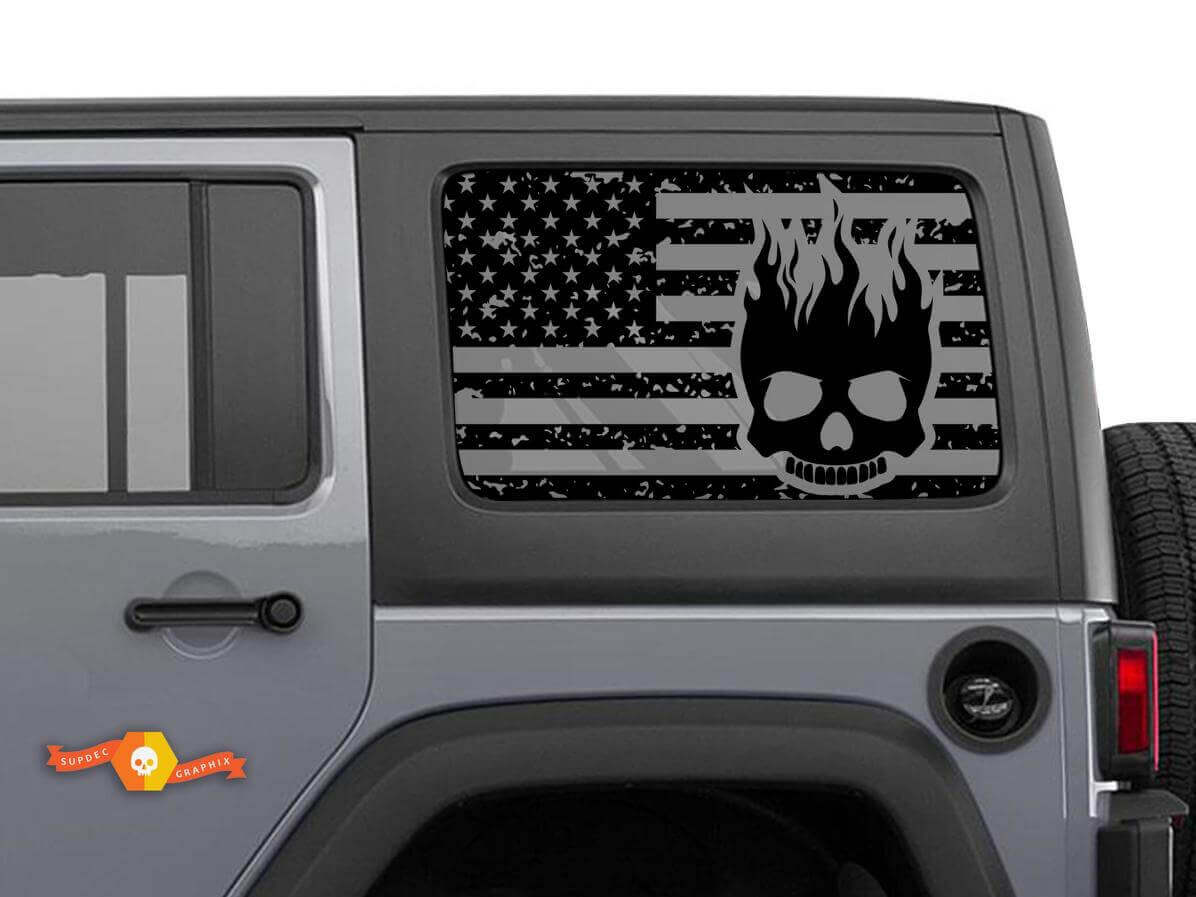 Kit de Vinilo para Ventana Lateral de Calavera Llameante con Bandera de EE.UU. para Jeep Wrangler Hardtop