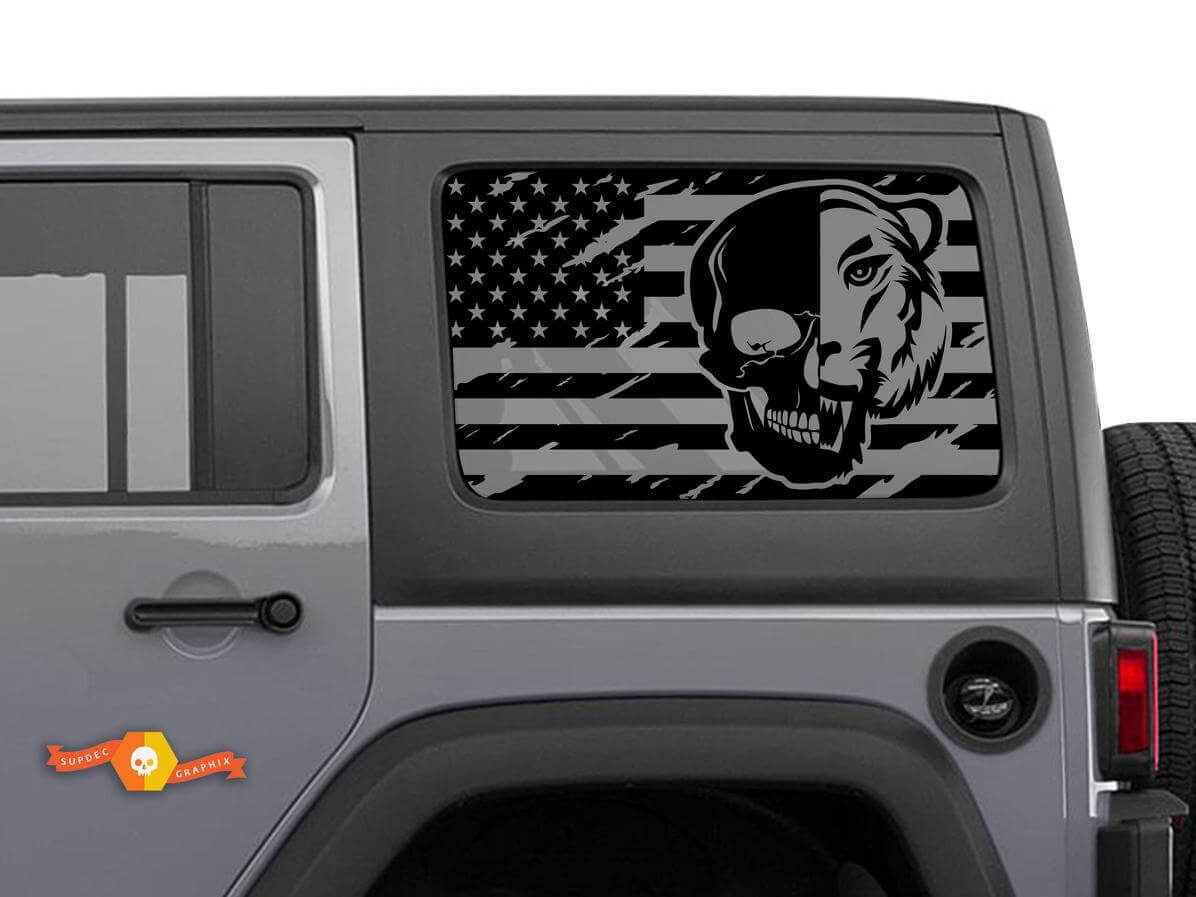 Calcomanías de vinilo para ventana lateral con calavera de tigre y bandera de EE. UU. Kit para Jeep Wrangler Hardtop