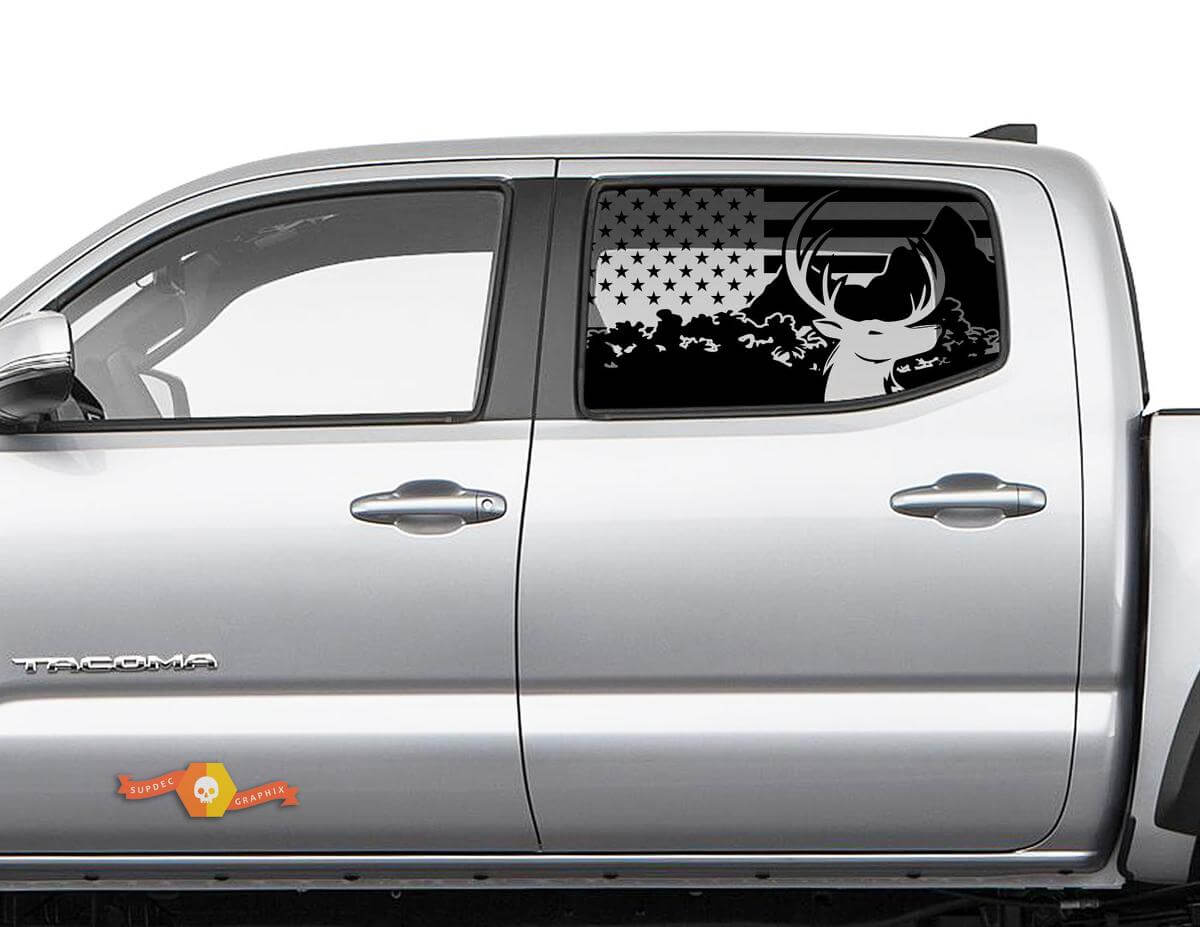 Calcomanía de ventana lateral destruida con alces del bosque de bandera estadounidense para Toyota Tacoma 4Runner Tundra
