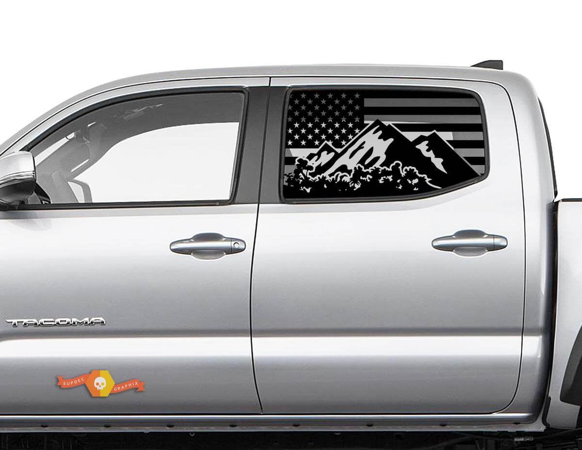 Calcomanía de ventana lateral de bosque de montaña con bandera de EE. UU. para Toyota Tacoma 4Runner Tundra, Jeep JL JK
