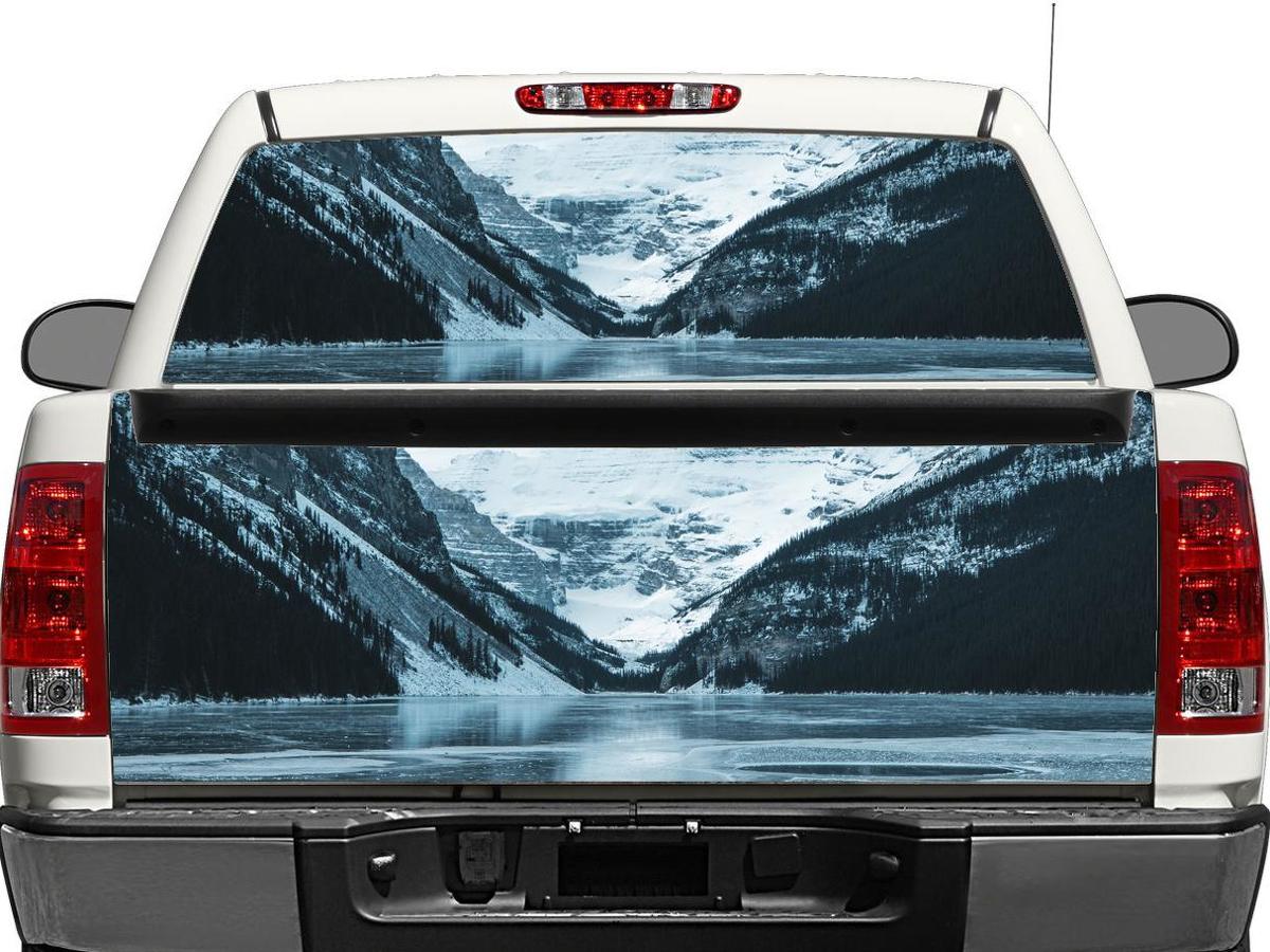 Pegatina de vinilo para ventana trasera o portón trasero con paisaje de montañas nevadas para camiones pick-up y SUVs