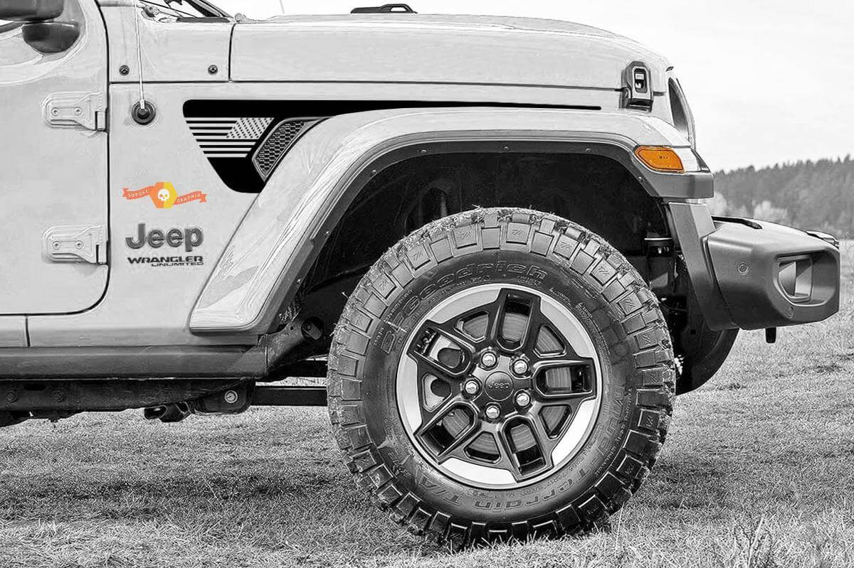 Par de Jeep Gladiator Side JT Wrangler JL JLU Gravity Flag USA Style Extended Fender Vent Blackout Vinilo adhesivo Kit de gráficos para 2018-2021 para ambos lados

