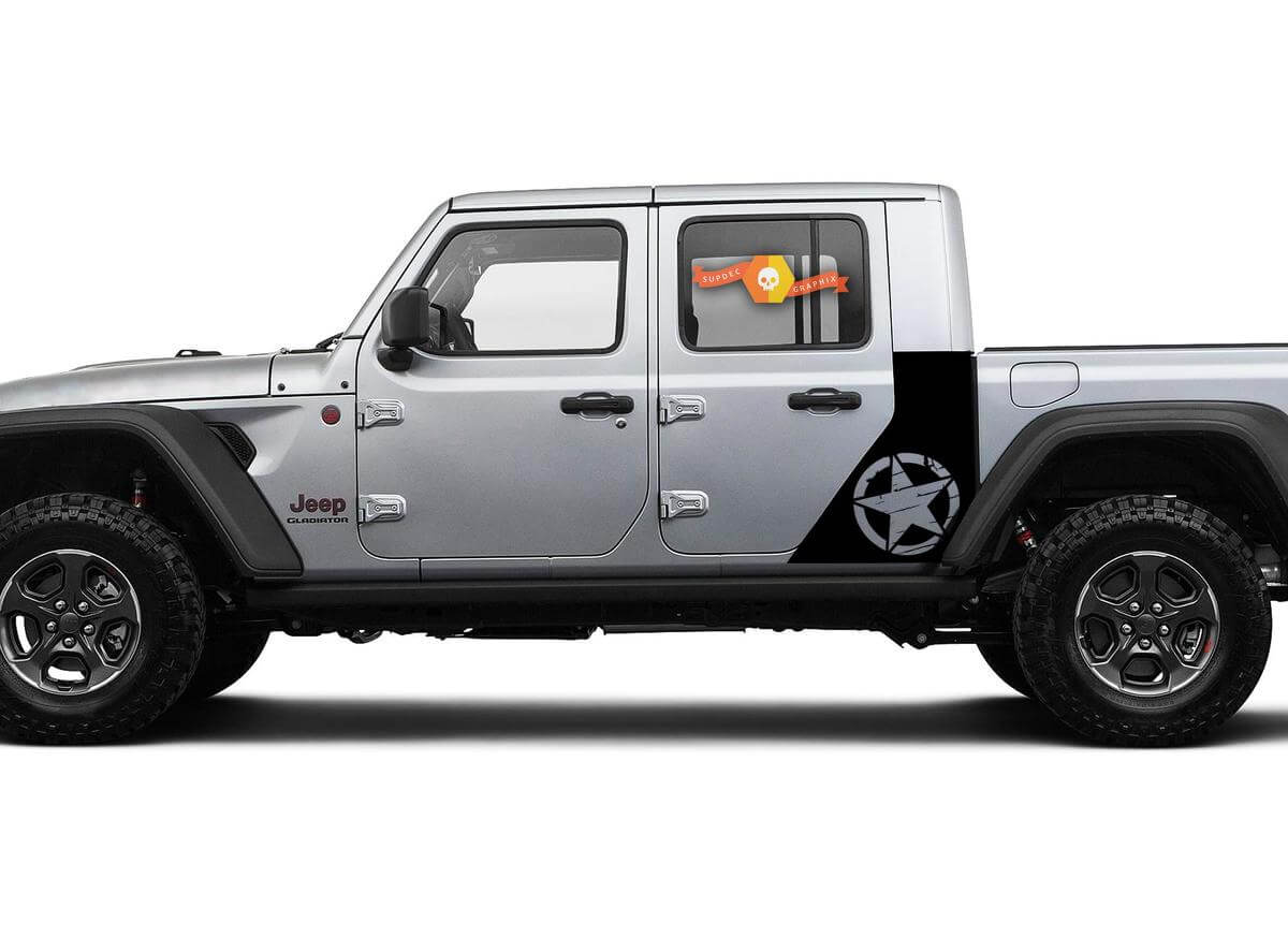 Jeep Gladiator Side War Star Grunge destruido pegatina calcomanía estilo fábrica cuerpo vinilo gráfico rayas kit 2018-2021
