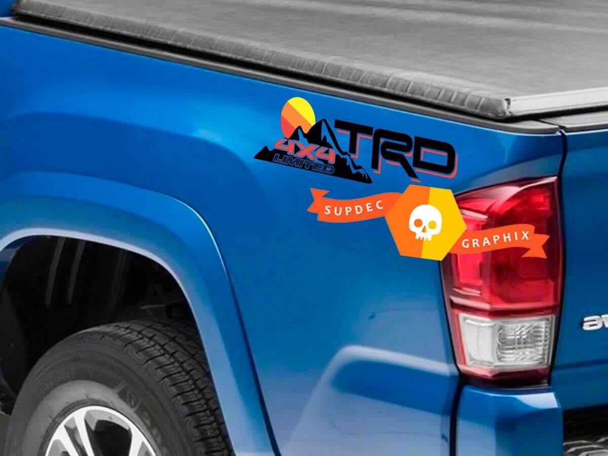 Pegatinas de vinilo laterales con logo vintage de atardecer en montañas TRD para Toyota Tacoma Tundra FJ Cruiser