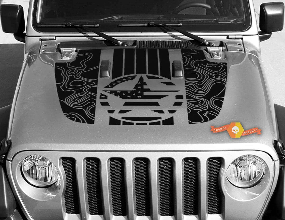 Kit de Pegatinas de Vinilo para Capó con Mapa Topográfico Estrella de la Bandera de EE.UU. para Jeep Gladiator Wrangler