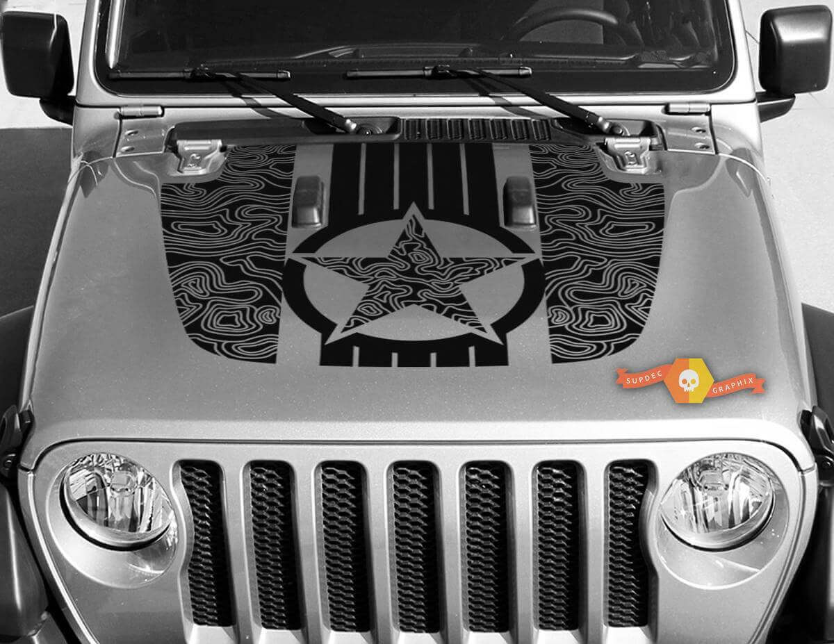 Jeep Gladiator JT Wrangler estrella militar mapa topográfico JL JLU capucha estilo vinilo calcomanía pegatina gráficos kit para 2018-2021
