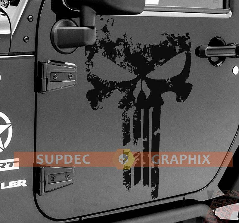 Juego de adhesivos de vinilo con calavera Punisher desgastada para puertas de Jeep Wrangler