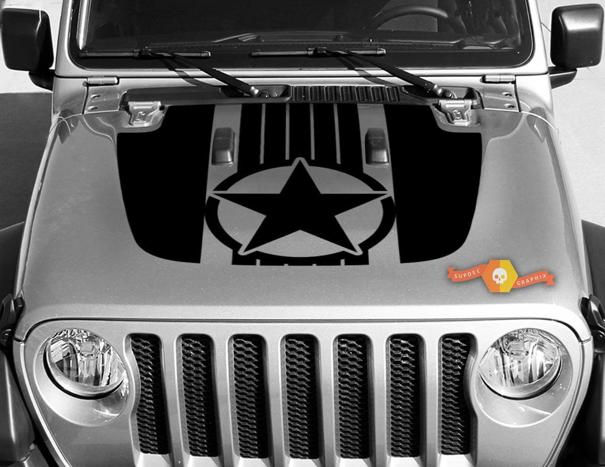 Vinilo adhesivo de franjas en el capó Military Star para Jeep Wrangler JL JLU y Gladiator JT
