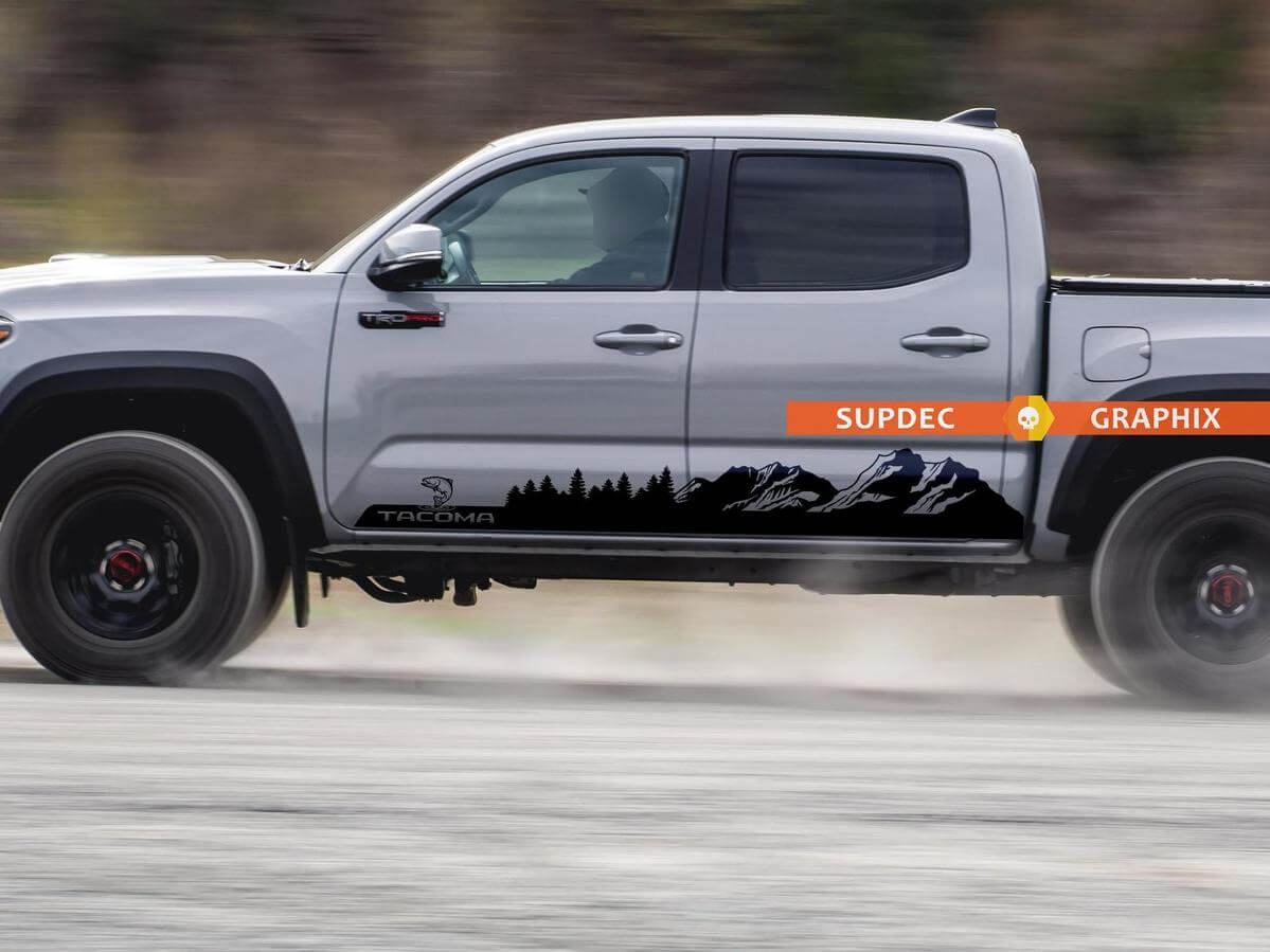 Vinilo decorativo lateral Montañas, Árboles y Trucha para Toyota Tacoma
