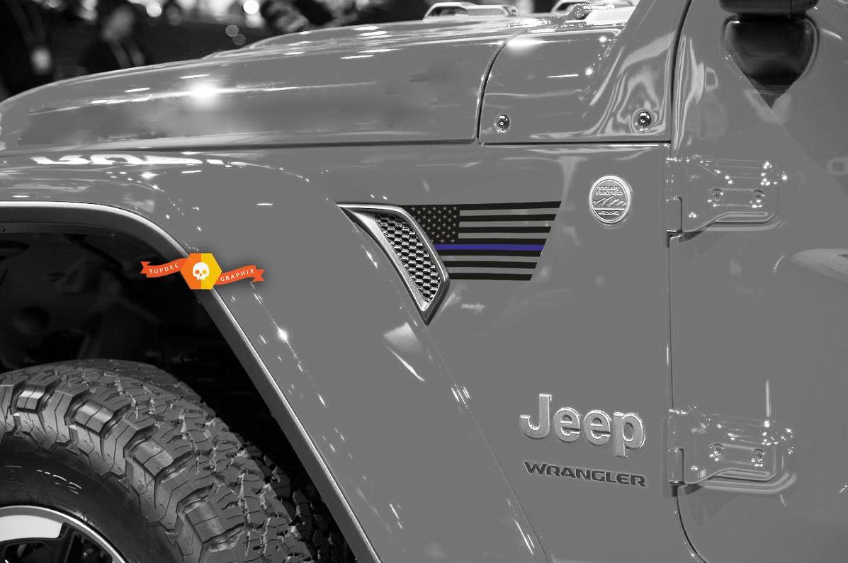 Par de Jeep Wrangler 2018 JLU Jeep Fender USA Flag Blue Line 2 piezas de vinilo adhesivo kit gráfico para 2018-2021
