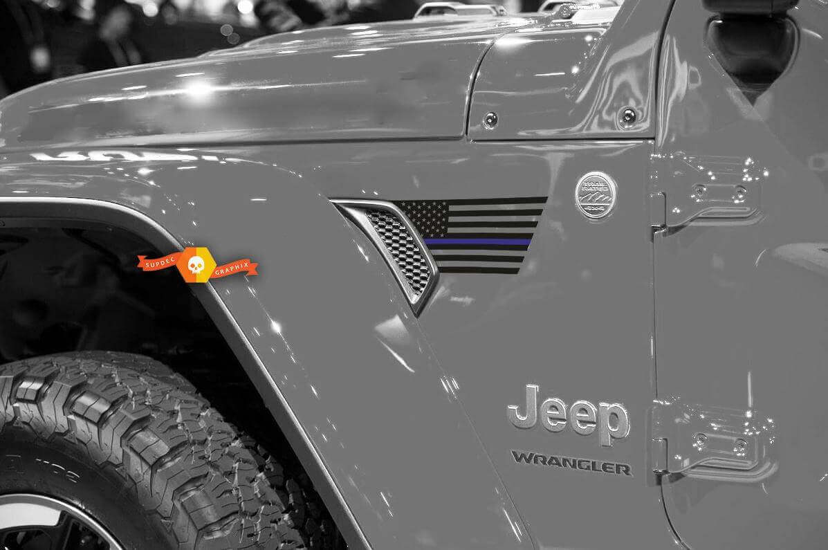 Calcomanía de vinilo para guardabarros con ventilación y línea azul de la bandera de EE. UU. para Jeep Wrangler 2018-2021