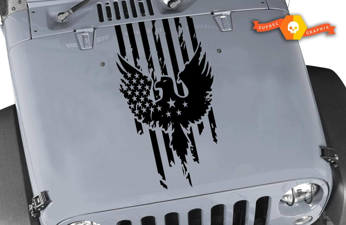 Vinilo adhesivo para capó de águila con bandera americana desgastada para Jeep Wrangler